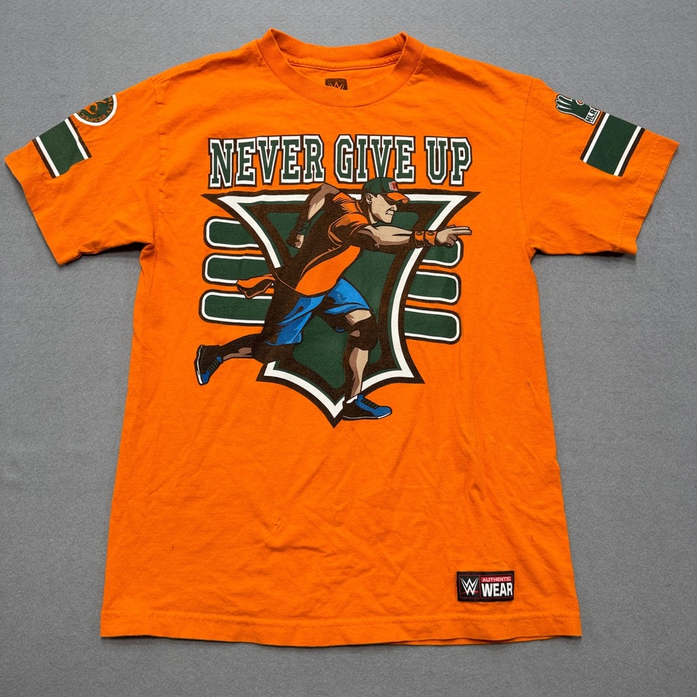 Vintage John Cena WWE T-Shirt Men's Medium Orange Never Give Up You Can't See Me